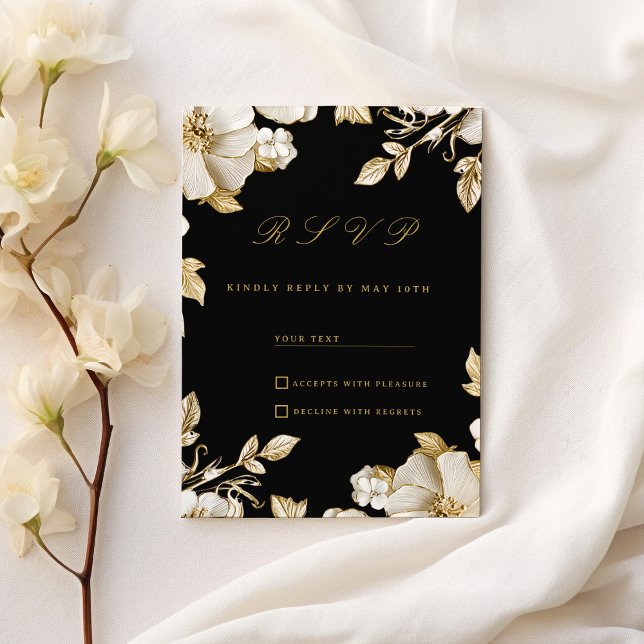 Convites Confirmação de presença floral preta e dourada de  (Luxury black and gold floral RSVP )