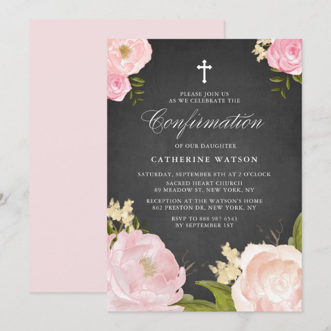 Convites Confirmação de quadro de calços de cor rosa-d'água (Frente/Verso)