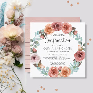 Convites Confirmação de Rosa Dourada Blush Floral Wreath