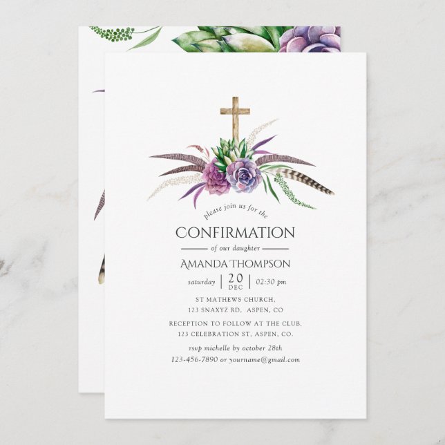 Convites Confirmação de Suculentes de Boho Místico (Frente/Verso)