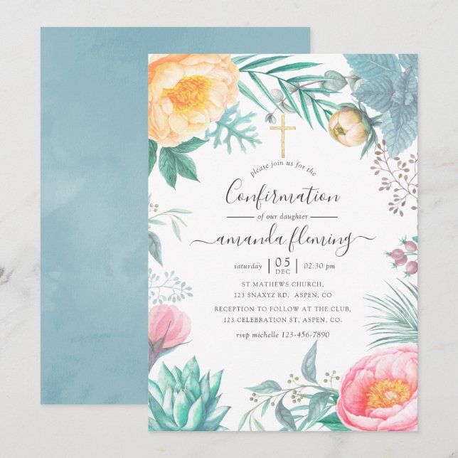Convites Confirmação de Verão Floral Tropical Pastel Desbot (Frente/Verso)