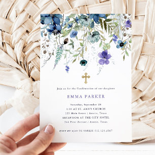 Convites Confirmação Delicada de Flores Selvagens Roxo e Az