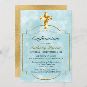 Convites Confirmação do Elegante Blue Dourado Cross Boys