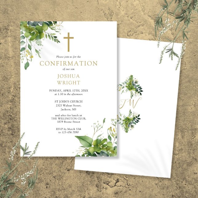 Convites Confirmação do Monograma Eucalyptus Greenery (Eucalyptus Greenery Monogram Confirmation Invitation)
