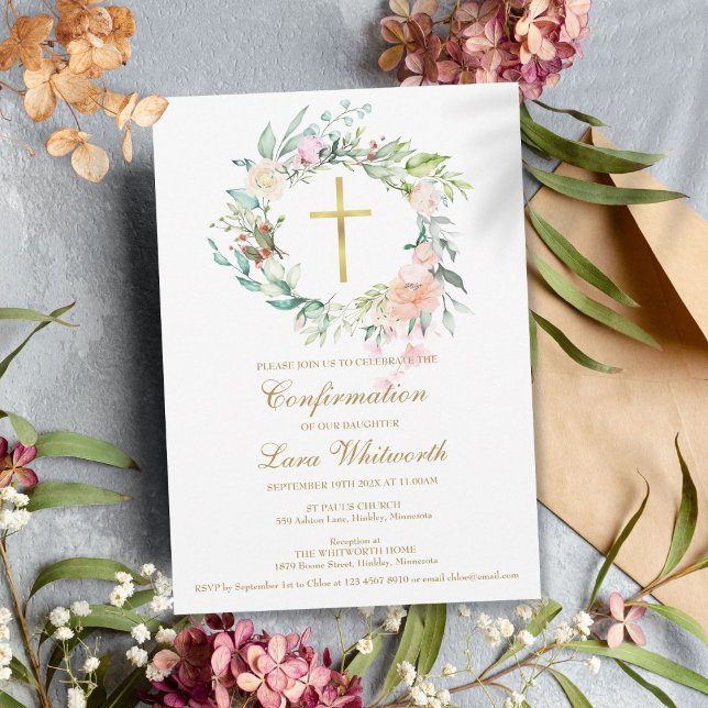 Convites Confirmação Dourada de Floral de Cor Cruzada (Gold Cross Watercolor Floral Confirmation Invitation)