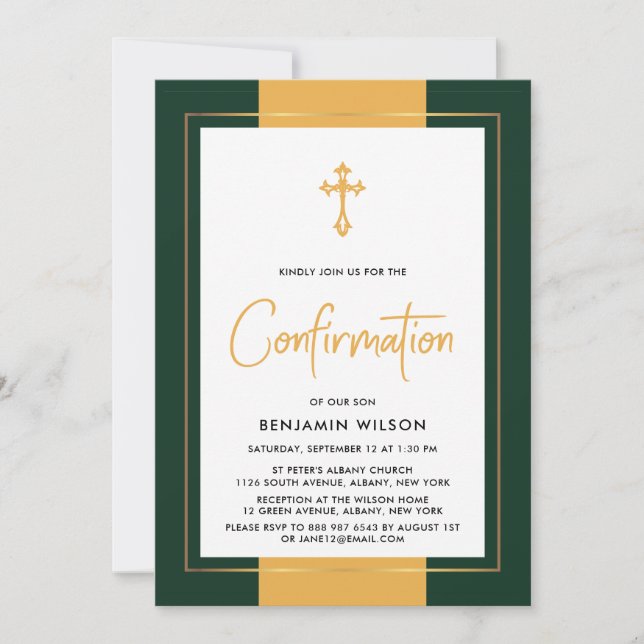 Convites Confirmação Dourada E Verde Elegante (Frente)