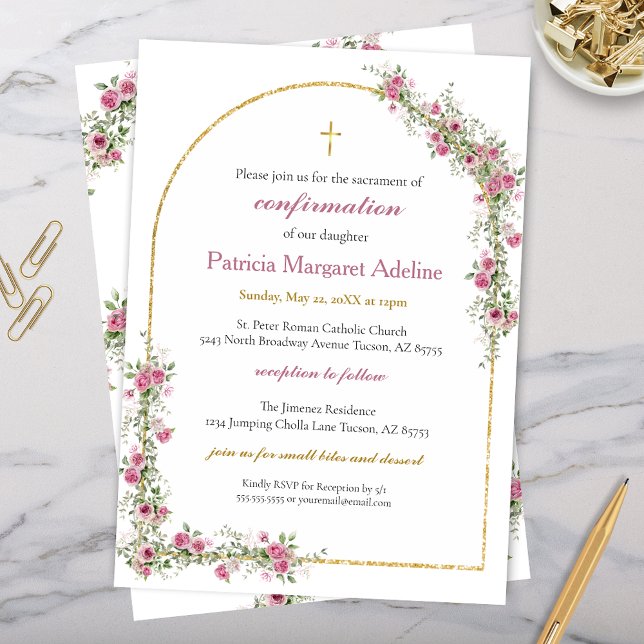 Convites Confirmação Dourada moderna cor-de-rosa entre & ar (pink and gold arch confrimation invitations with gold cross and elegant modern floral greenery)