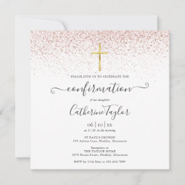 Convites Confirmação Elegante com Brilho em Dourado Rosado 