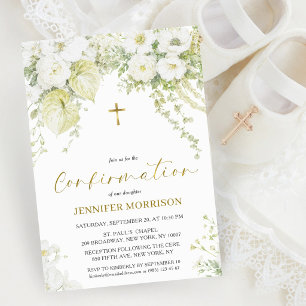 Convites Confirmação Elegante Floral Branco e Cruz Dourada