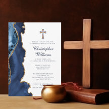 Confirmação Elegante Marinho Azul Agate Dourado