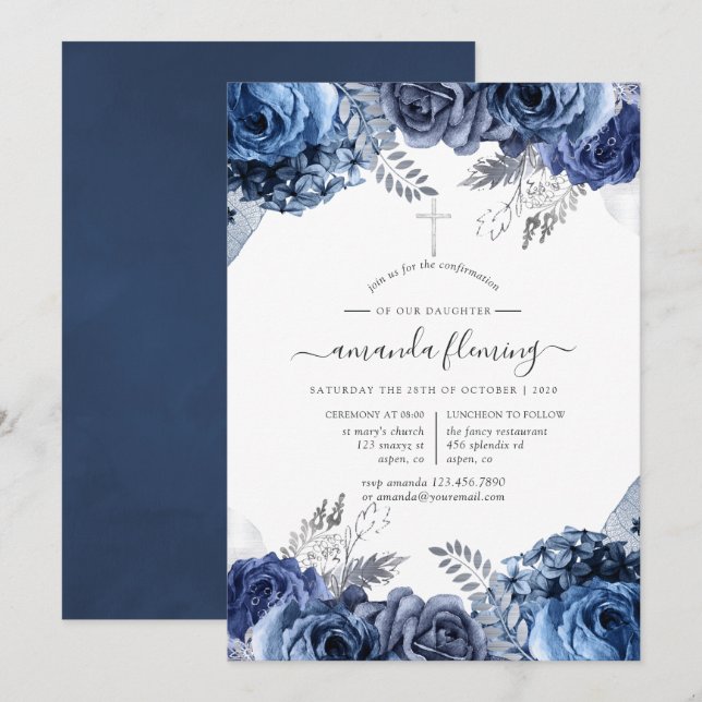Convites Confirmação em Azul Marinho e Branco com Floral de (Frente/Verso)
