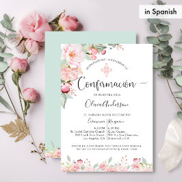 Convites Confirmação Espanhola Rosa Dourada, Mint Floral
