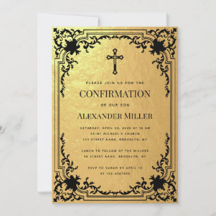 Convites Confirmação Faux Gold Foil Vintage Cross Luxury