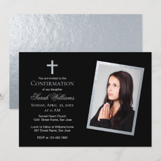 Convites Confirmação Faux Silver & Black Photo Calliografia