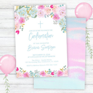 Convites Confirmação Floral Azul Rosa Pêssego Roxo Flores