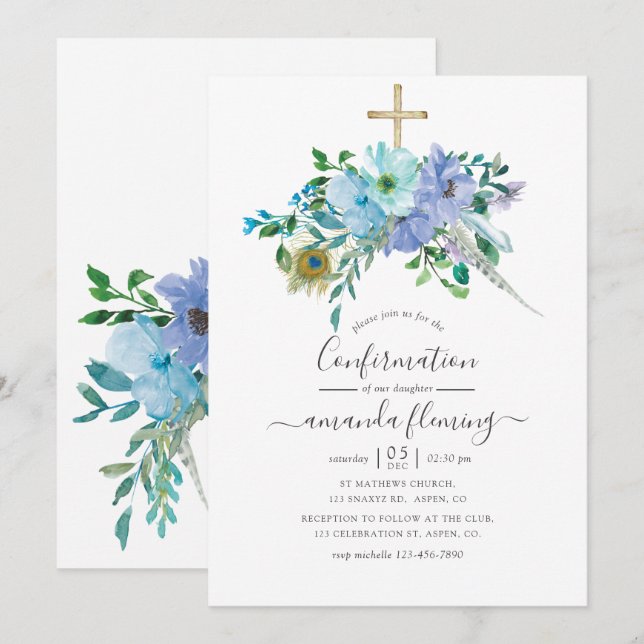 Convites Confirmação Floral Boho em Aquarela Verde e Azul (Frente/Verso)