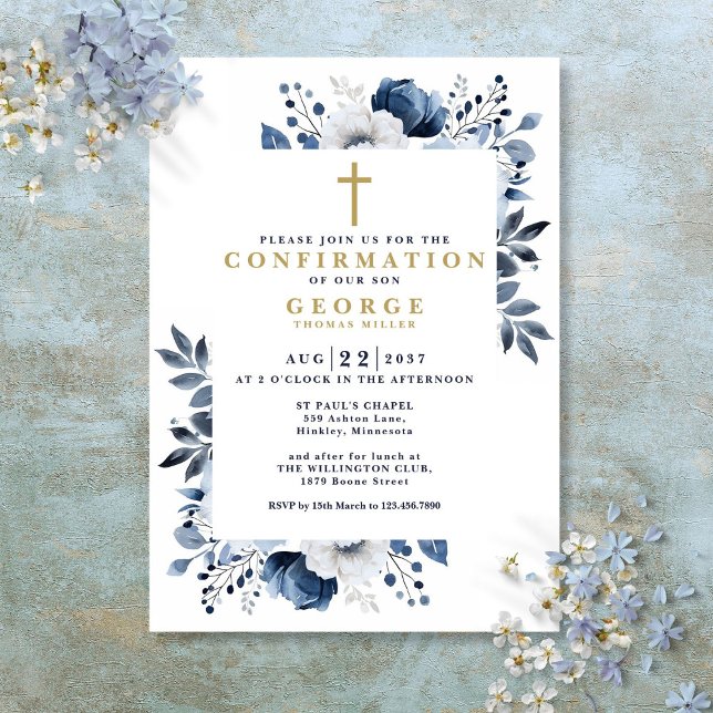 Convites Confirmação Floral Botânica Azul Marinho Moderna (Navy Blue Floral Botanical Modern Confirmation Invitation)