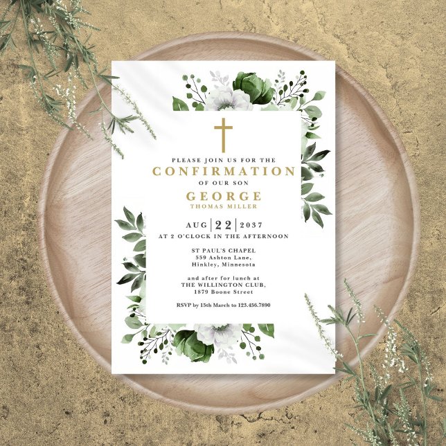 Convites Confirmação Floral Botânica Verde Oliva Moderna (Olive Green Floral Botanical Modern Confirmation Invitation)