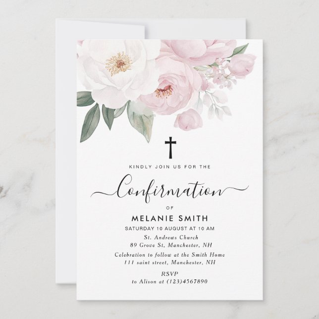 Convites confirmação floral branca e rosa com aquarela (Frente)
