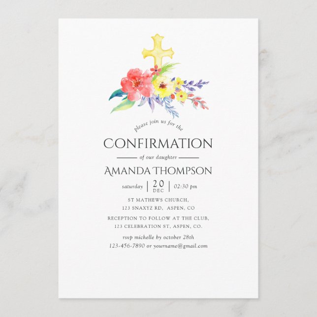 Convites Confirmação Floral Colorida em Aquarela (Frente)