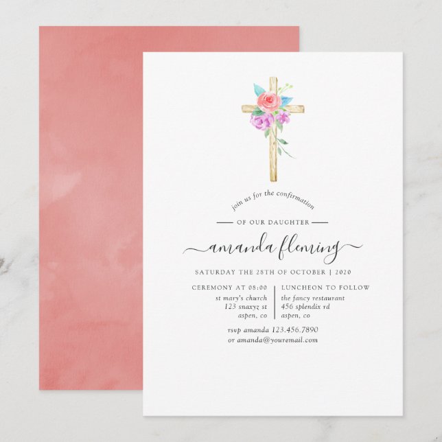 Convites Confirmação Floral de Aquarela Pastel (Frente/Verso)
