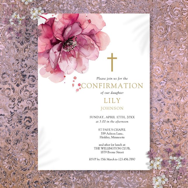 Convites Confirmação Floral de Aquarela Rosa Empoeirada Mod (Modern Dusty Rose Watercolor Floral Confirmation Invitation)