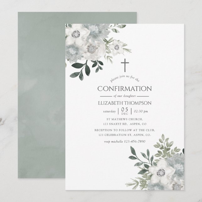 Convites Confirmação Floral de Sage Prata em Aquarela (Frente/Verso)