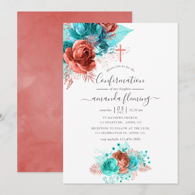 Convites Confirmação Floral de Turquesa e Coral Watercolor (Frente/Verso)