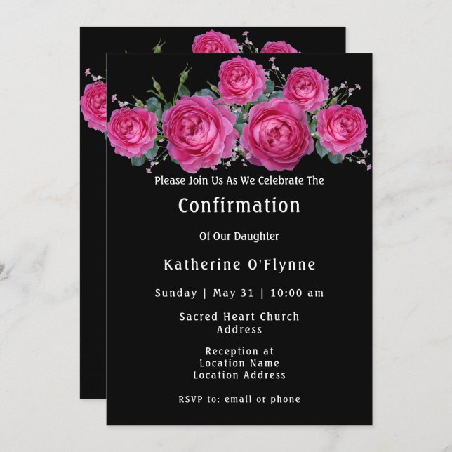 Convites Confirmação Floral do Buquê Rosa Rosa Rosa bonito (Frente/Verso)