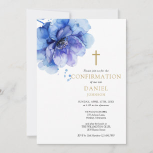 Convites Confirmação Floral em Aquarela Azul Empoeirado Mod