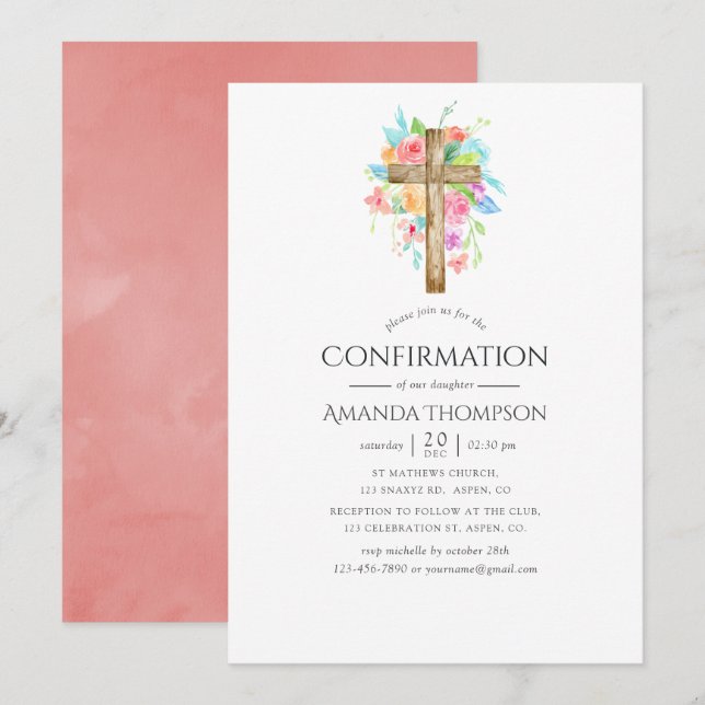 Convites Confirmação Floral em Aquarela Pastel (Frente/Verso)