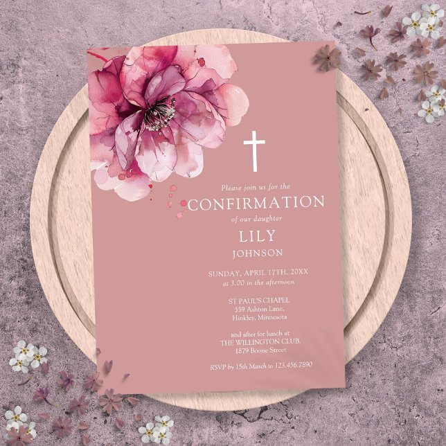 Convites Confirmação Floral em Aquarela Rosa Empoeirada Ele (Dusty Rose Elegant Watercolor Floral Confirmation Invitation)