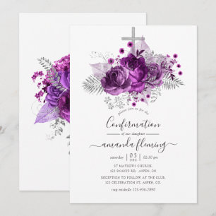 Convites Confirmação Floral em Aquarela Roxo e Prata