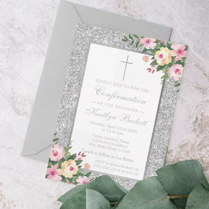 Convites Confirmação Floral Ou Crivação Da Glitter Prateada