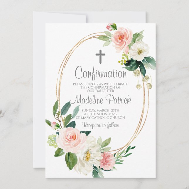 Convites Confirmação Floral Rosa (Frente)