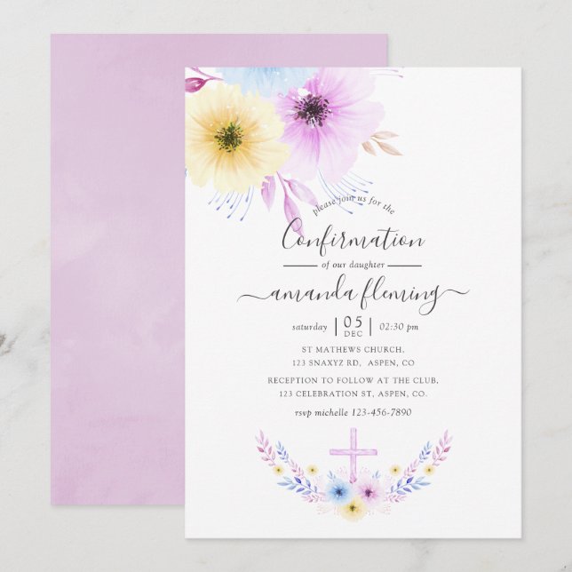 Convites Confirmação Floral Rosa e Azul Pastel (Frente/Verso)