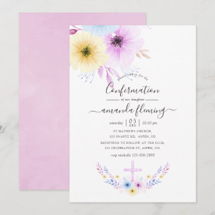 Convites Confirmação Floral Rosa e Azul Pastel