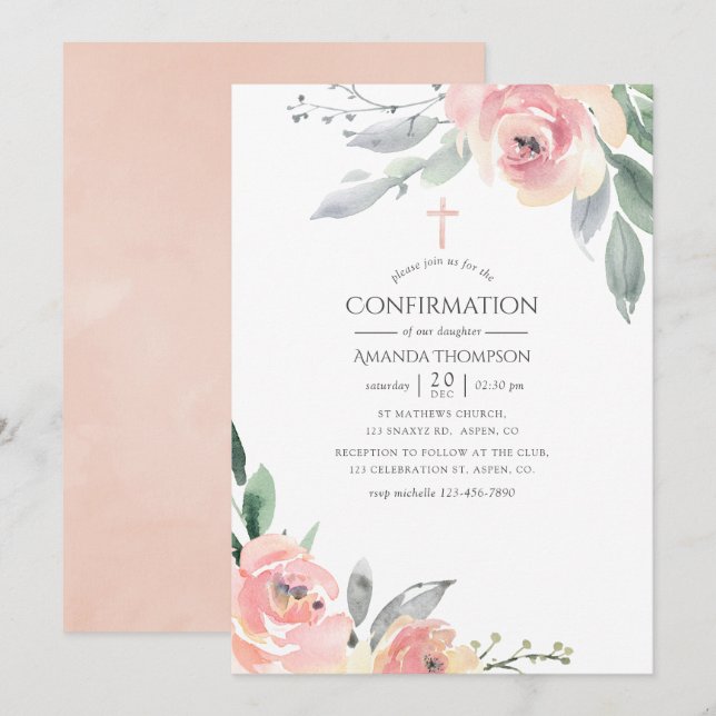 Convites Confirmação Floral Rosa Pastel (Frente/Verso)