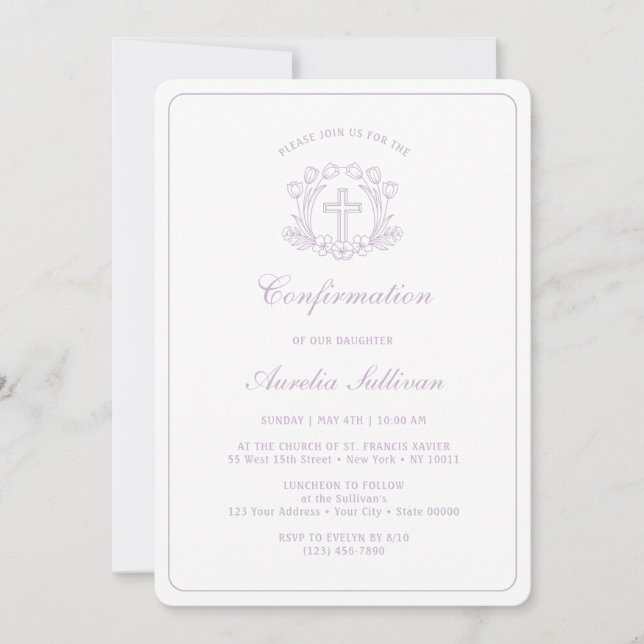 Convites Confirmação Floral Simples Lilac Cross (Frente)