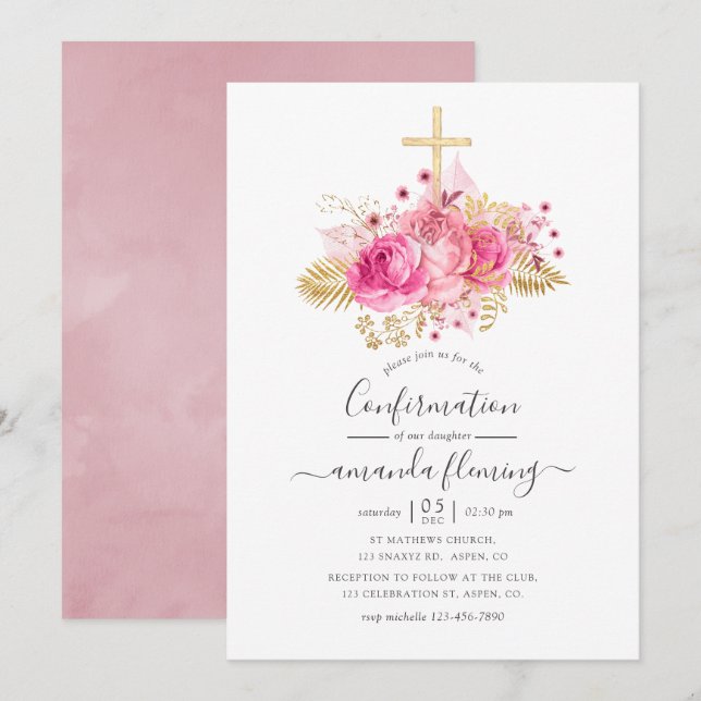 Convites Confirmação Floral Tropical Rosa e Dourado (Frente/Verso)