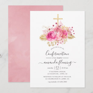 Convites Confirmação Floral Tropical Rosa e Dourado