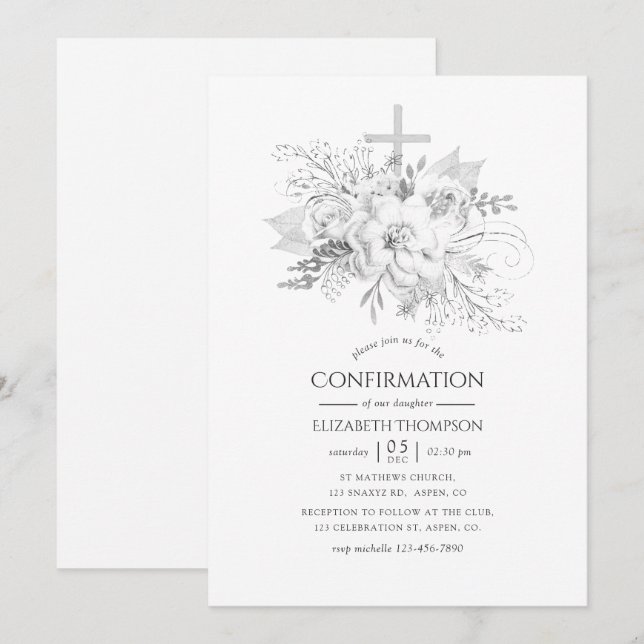 Convites Confirmação Floral Vintage Branco e Prata (Frente/Verso)