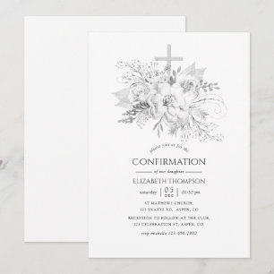 Convites Confirmação Floral Vintage Branco e Prata