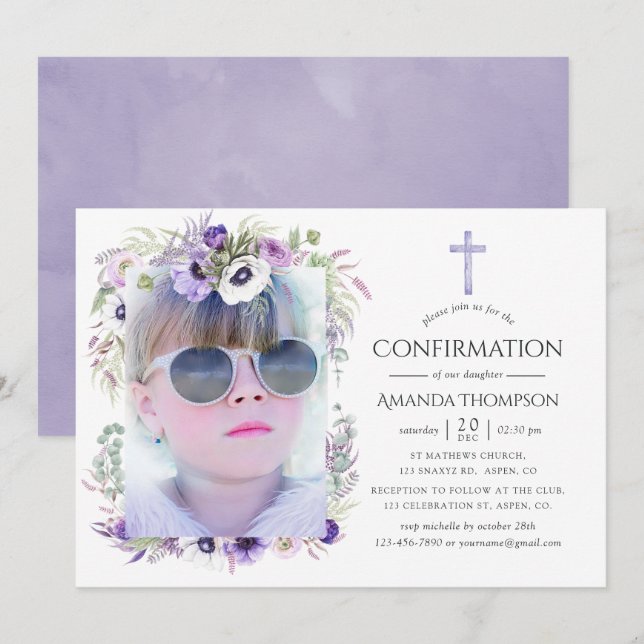 Convites Confirmação Floral Violeta Empoeirada (Frente/Verso)