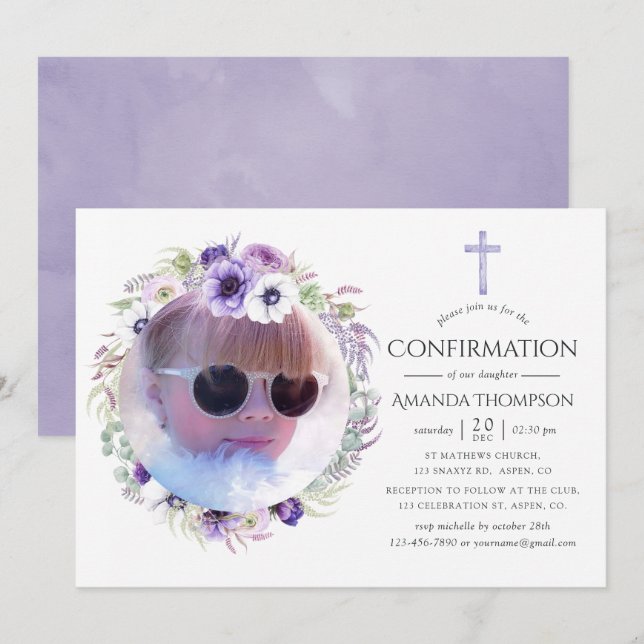 Convites Confirmação Floral Violeta Empoeirada (Frente/Verso)