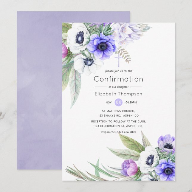 Convites Confirmação Floral Violeta Pastel e Ameixa (Frente/Verso)