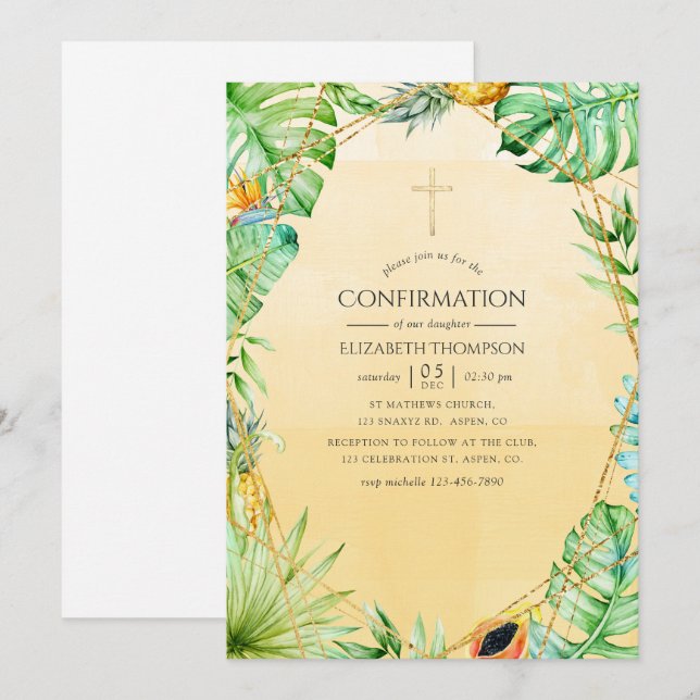 Convites Confirmação Geométrica Tropical Exótica (Frente/Verso)