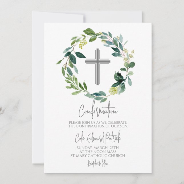 Convites Confirmação Greenery Wreath (Frente)