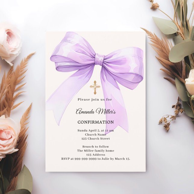 Convites Confirmação menina creme com laço Lavanda (Criador carregado)