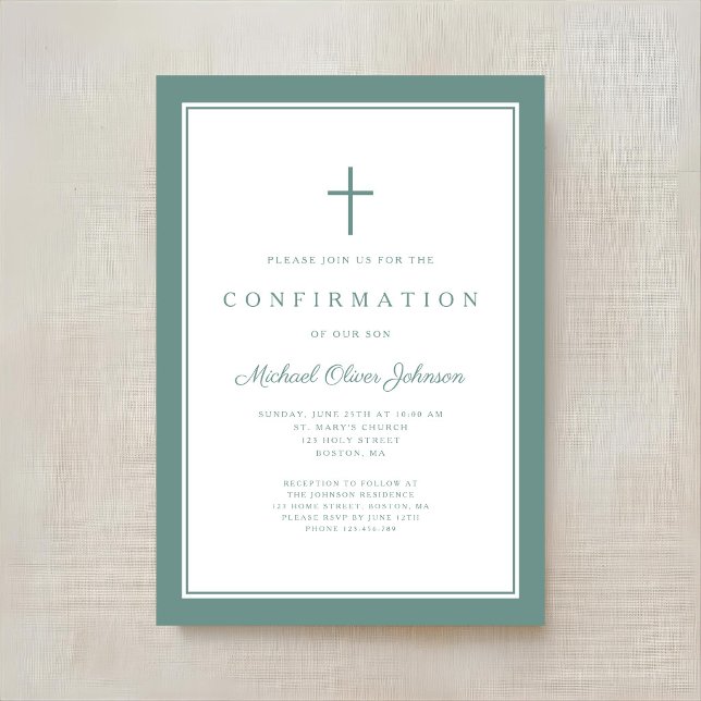 Convites Confirmação Menino Cruz Verde Moderna (Modern Green Cross Boy Confirmation Invitation)